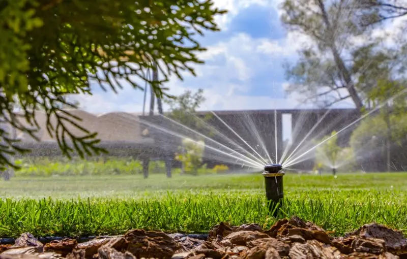 In-ground sprinkler system watering lawn.