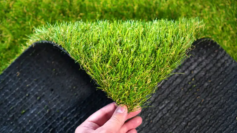 Landscaper's hand holding edge of artificial turf roll.
