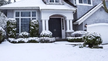 Suburban home with snow on lawn, plants, trees and roof.