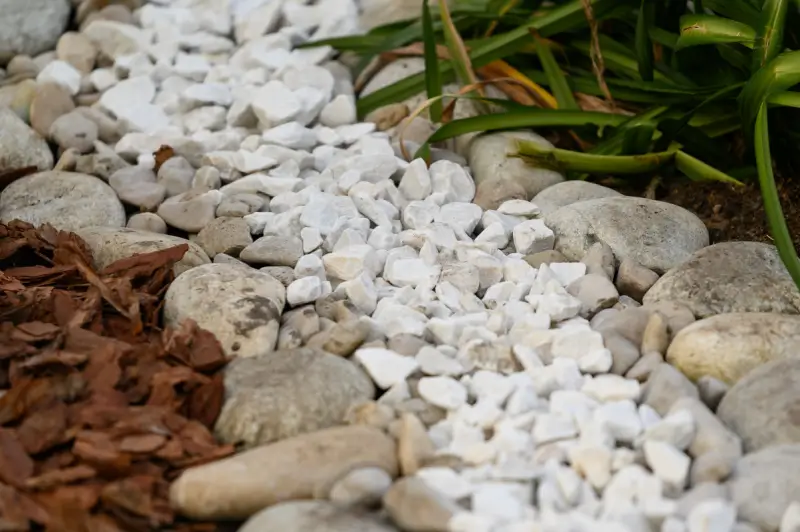 Rocks, stones, and mulch in plant bed