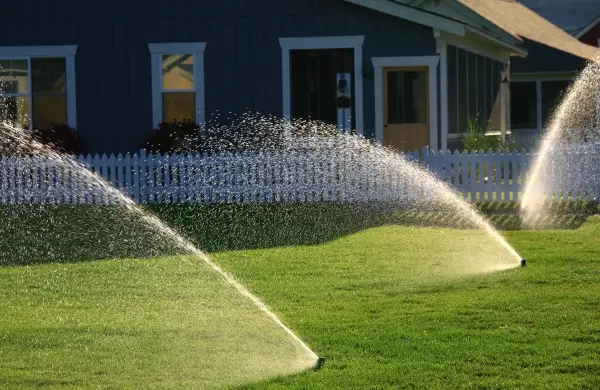Irrigation system watering a residential lawn.