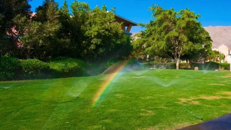 Sprinkler system watering residential lawn.