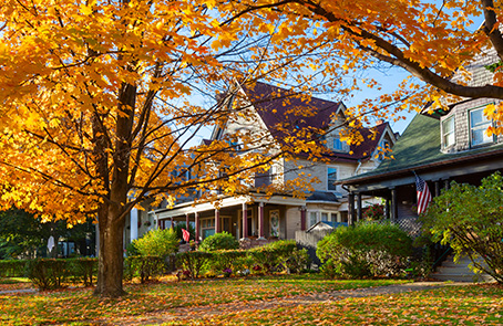 Home showing fall landscaping colours.