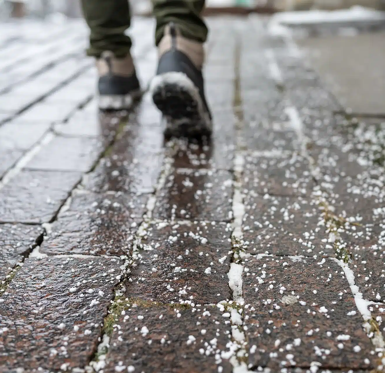 Rock salt spread on a pathway's brick pavers, with a person's boots visible walking on the path.