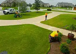 Grounds crew edging and trimming a residential lawn along a sidewalk.