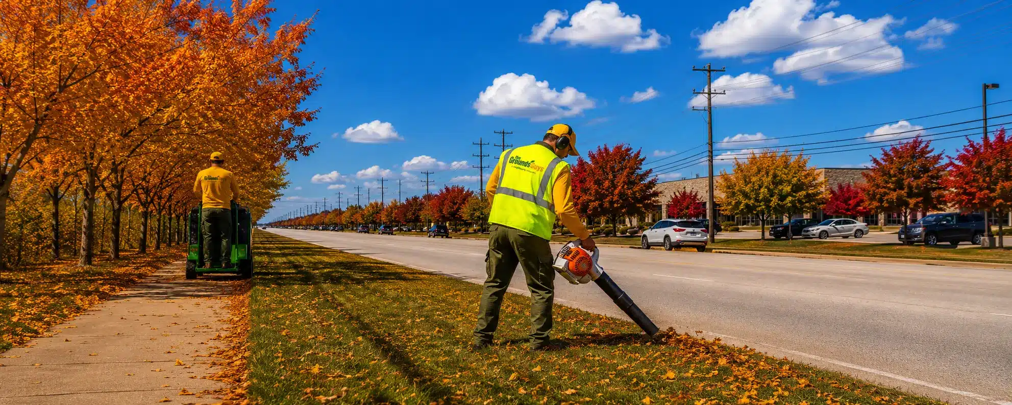 Two service professionals from The Grounds Guys mowing and edging the lawn of a commercial property on a sunny fall day.