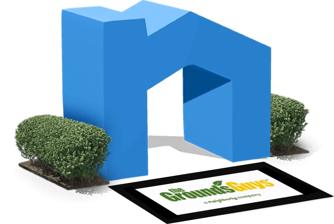 Grounds Guys doormat in front of Neighbourly three-dimensional N icon with bushes on either side.