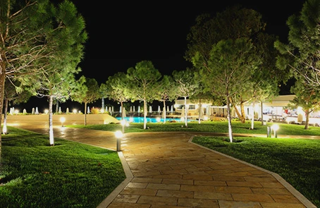 commercial landscape lighting on trees and brick path in business park